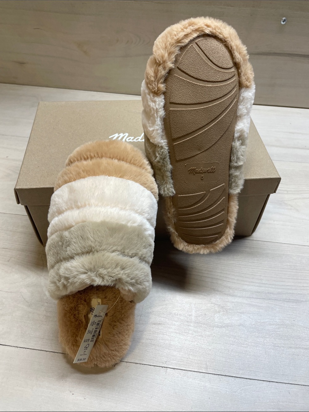 Madewell Layered Faux Fur Slide Slippers in Cream, Tan, Light Brown #818